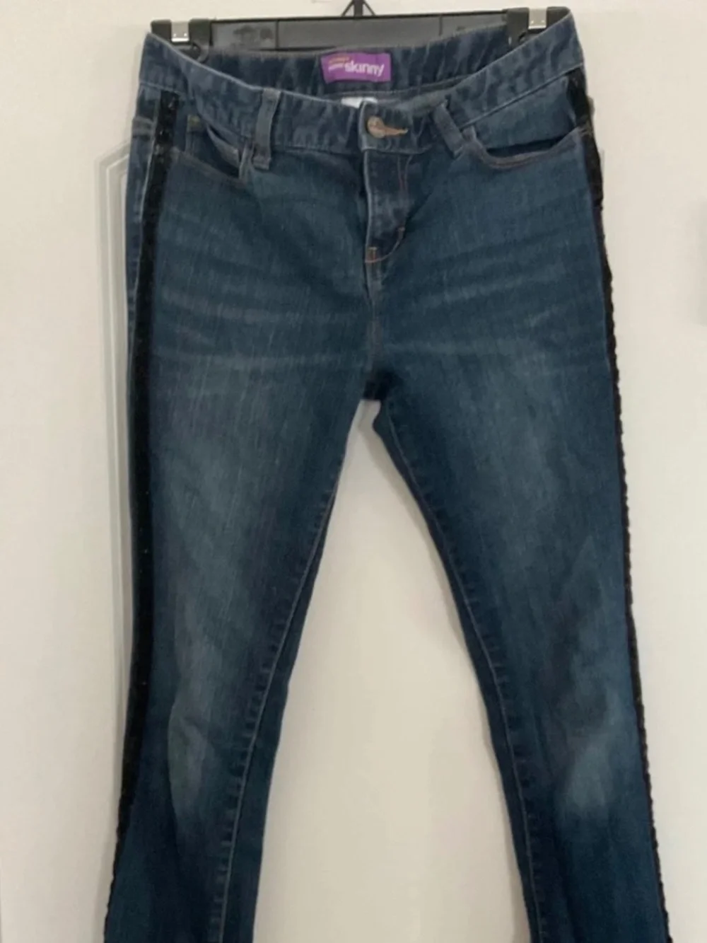 Old Navy Girl Skinny Jeans Size 14 Adjustable Waist Black Sparkle Border